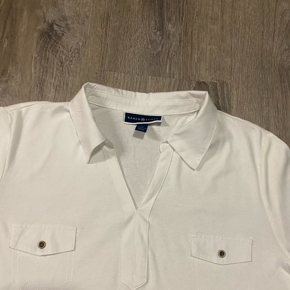 Karen Scott White Cotton Collared Blouse Top XL Office Coastal Chic Classic - Picture 5 of 5